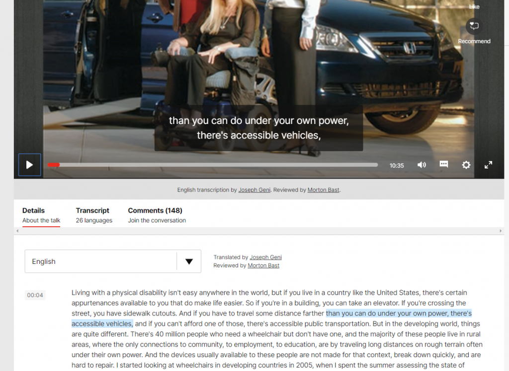 Screen shot of a half of a video player,  with text transcript under the player.