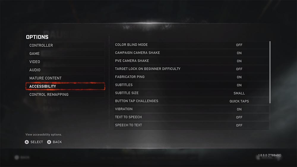 Screenshot of the Gears5 accessibility features