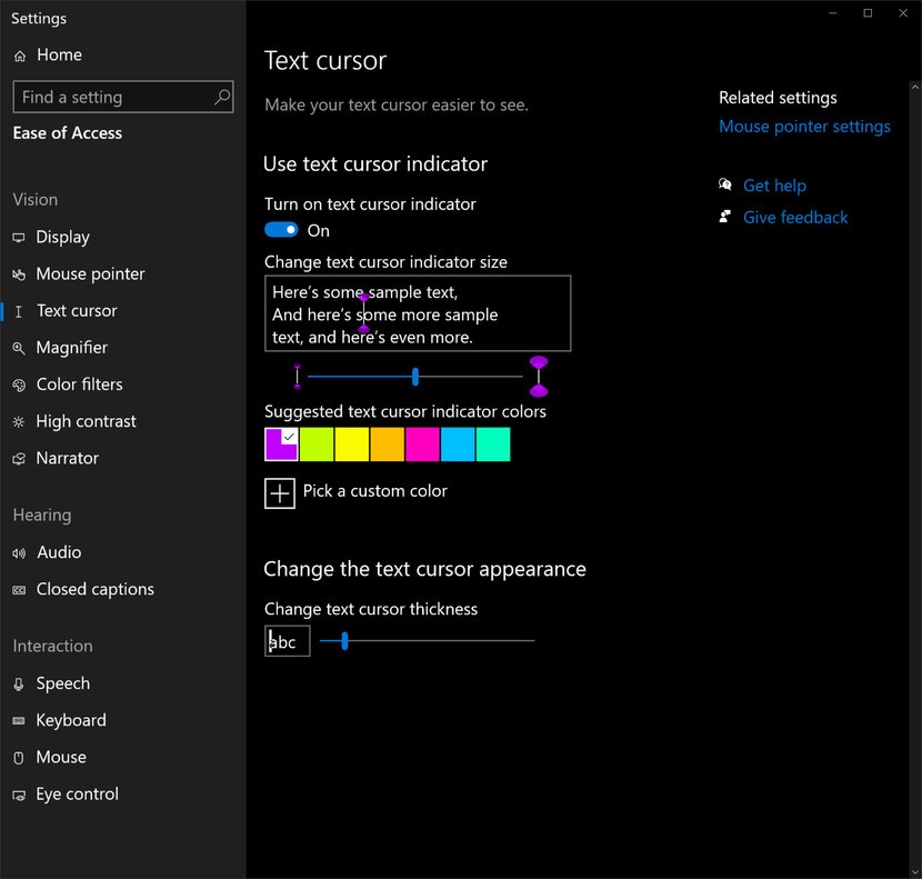 Screenshot of Windows 10 cursor customization panel