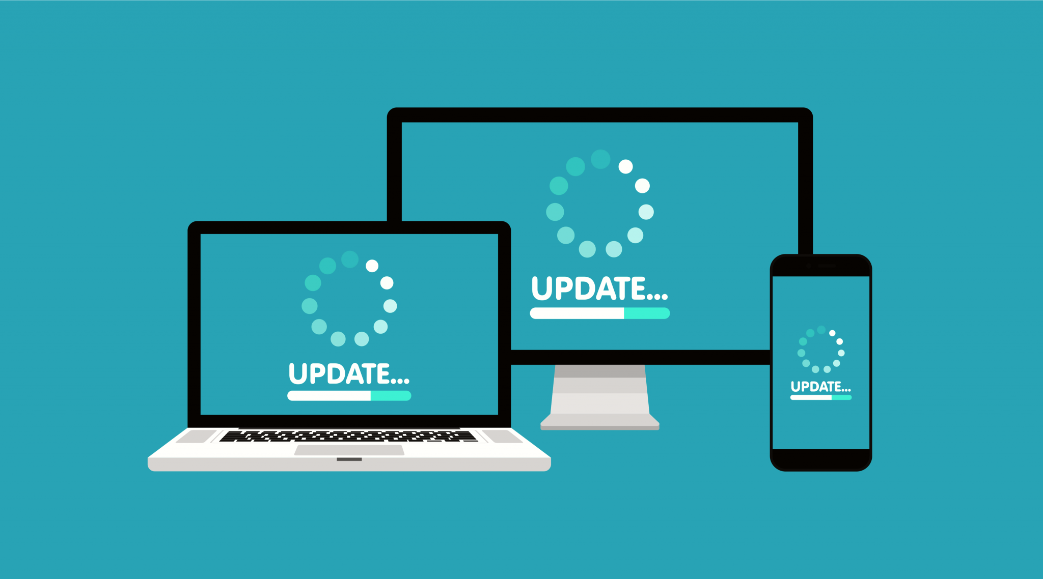 Computer, laptop and smartphone with update process screen.