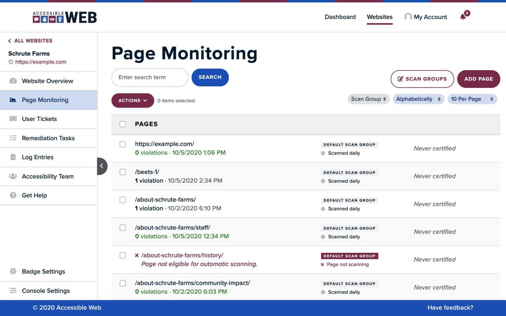 A screenshot of the Page Monitoring interface in RAMP.