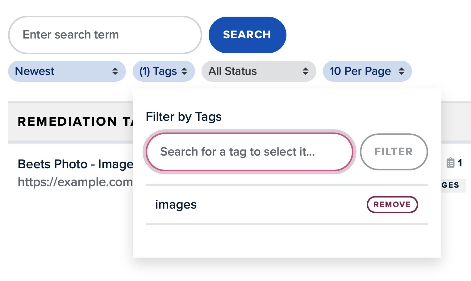 A filter bar to data in a table. There is an active filter for "Tags" filtering by items tagged with "images".