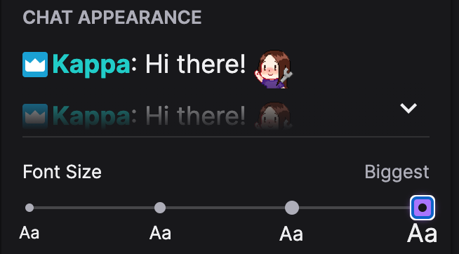 Chat appearance panel within Twitch's stream chat.