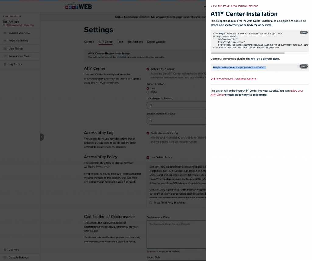 Screenshot of a11y center settings slide out.