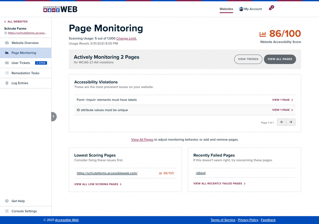 A screenshot of Accessible Web RAMP showing a page monitoring dashboard with accessibility violations.
