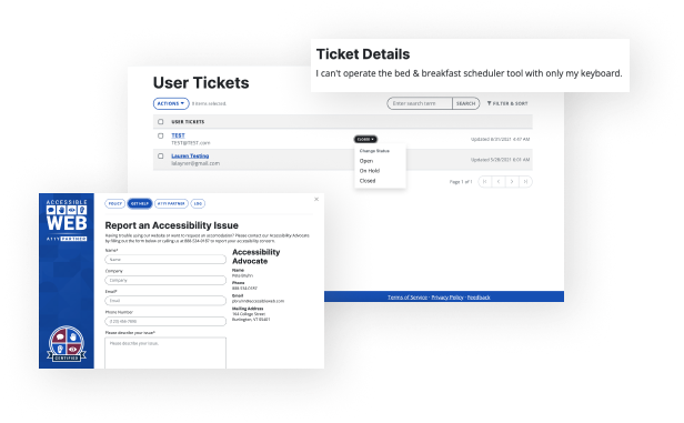 A11Y Center accessibility issue submission form, user ticket, and ticket detail describing a keyboard navigation problem.