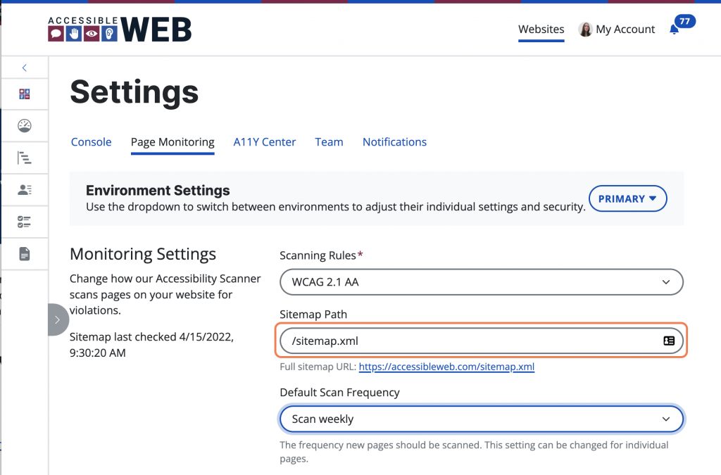 A screenshot of the Page Monitoring Settings tab in RAMP. The sitemap path form field is outlined in orange.