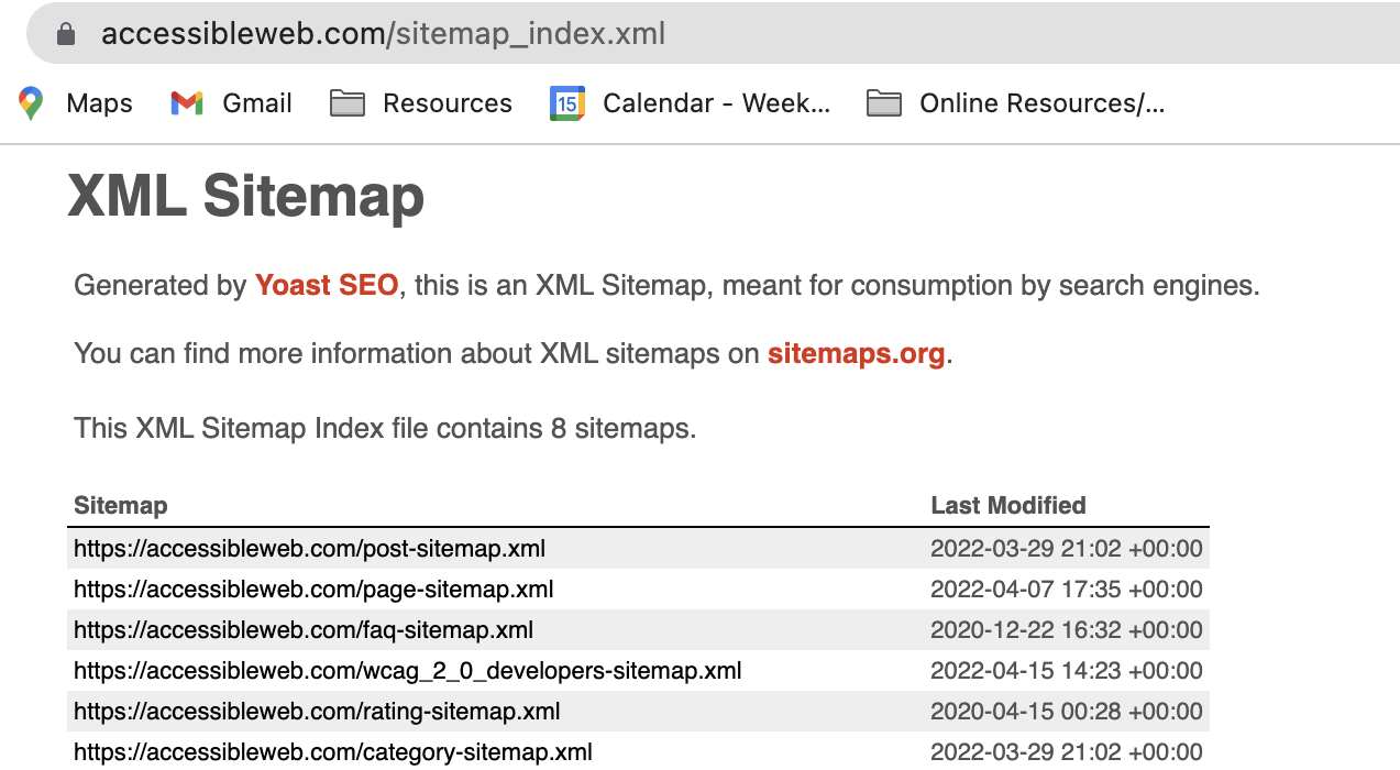A screenshot of Accessible Web's XML Sitemap index file containing 8 different sitemaps.