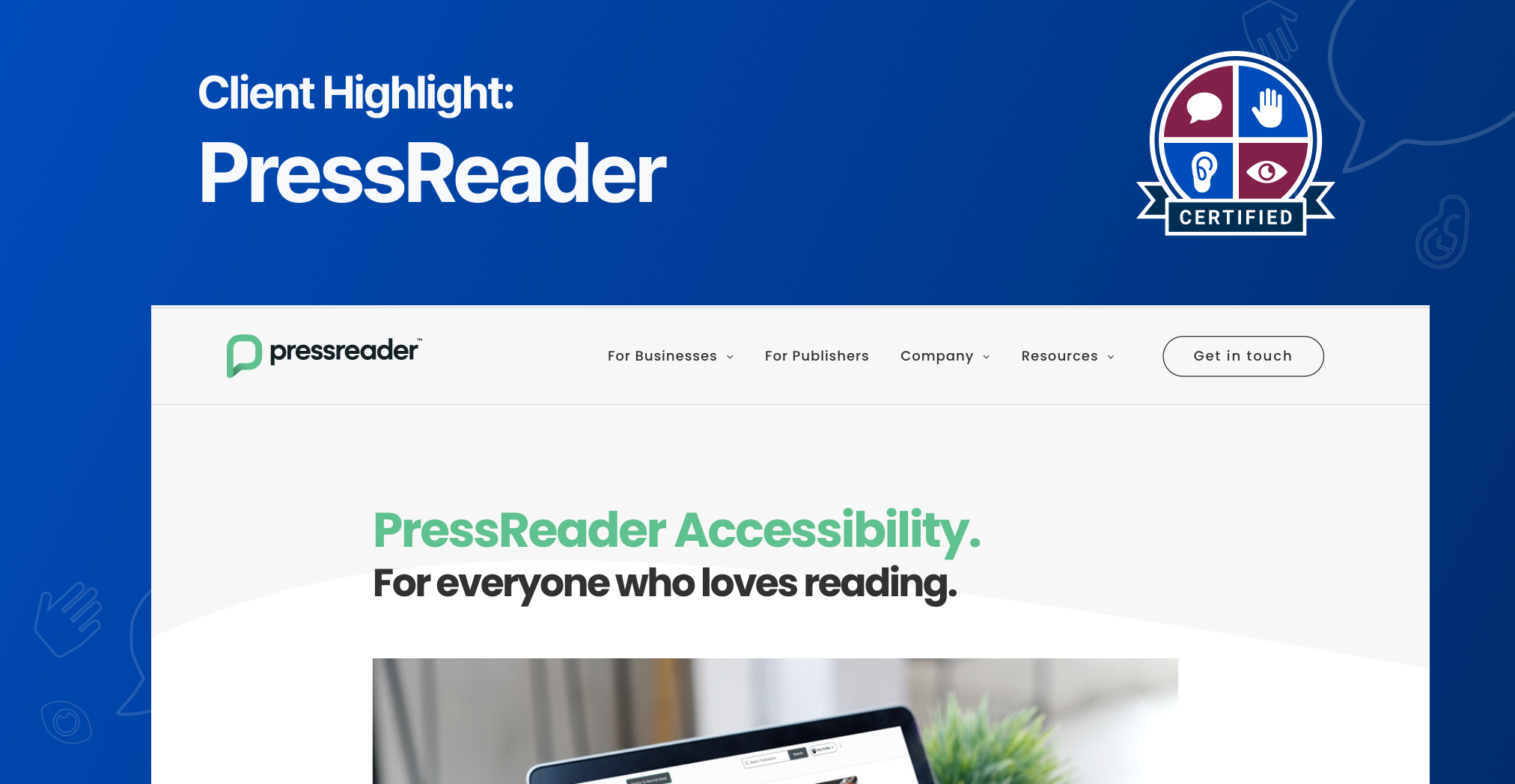 Client Highlight Image of PressReader's blog post on accessibility.