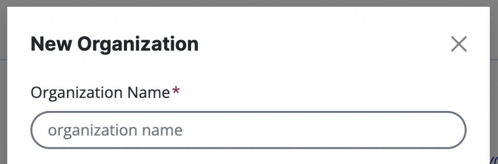 A screenshot of the New Organization modal showing a field for the organization's name.