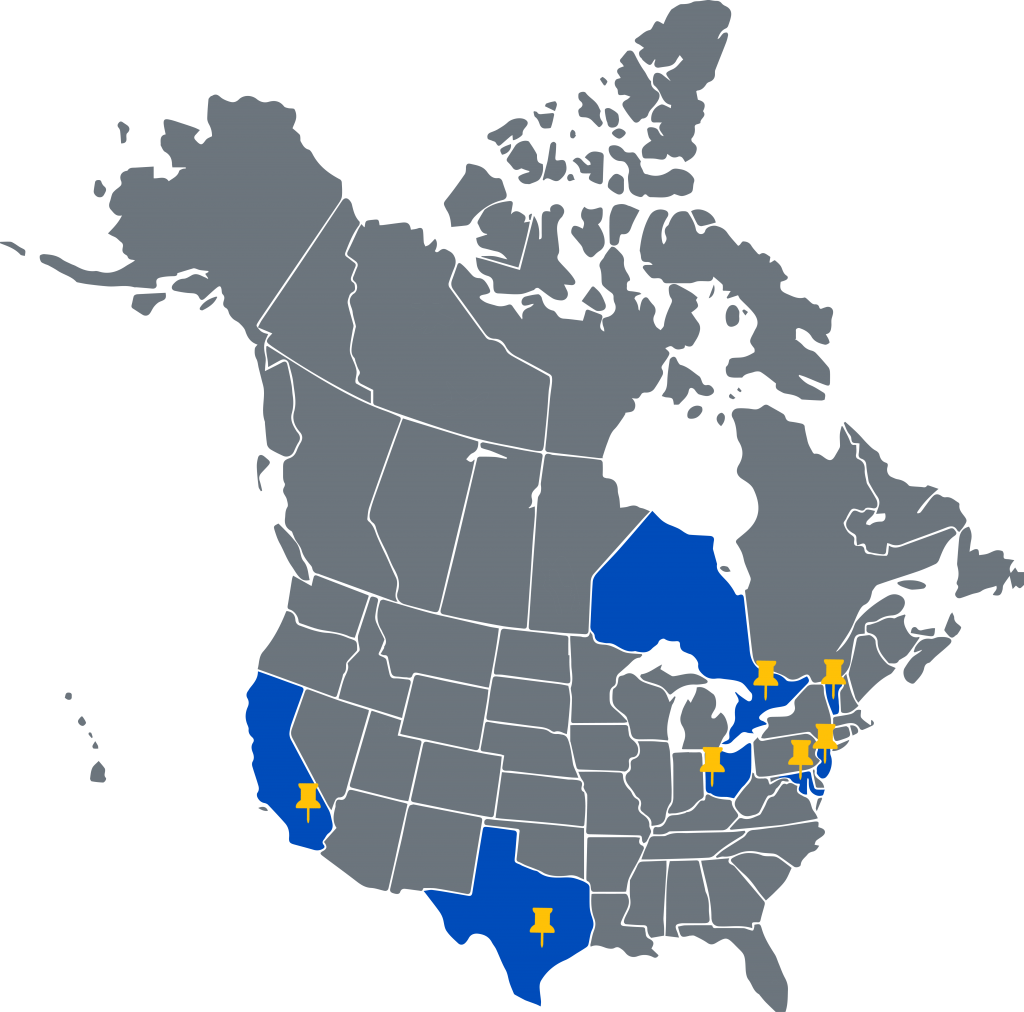 Map of the United States of America and Canada. Yellow Pins located in Blue Colored States/Canadian Provinces where Accessible web employees work (Vermont, New Jersey, Ontario, Texas, California, Maryland, and Ohio.)