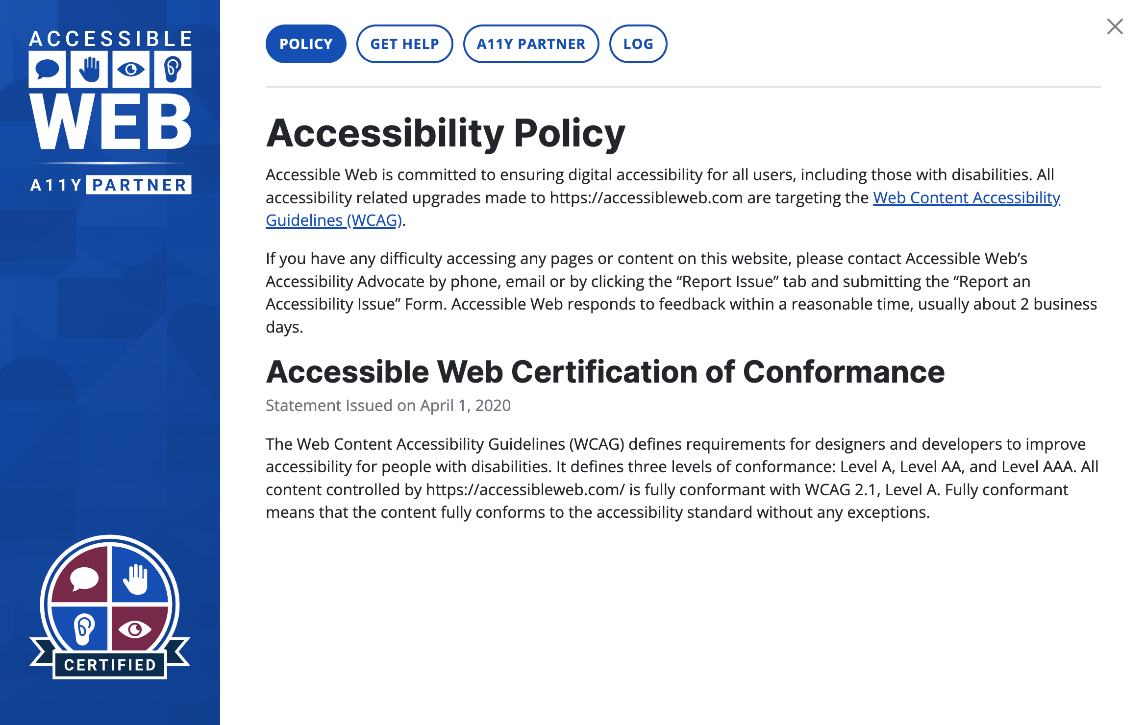 A screenshot of Accessible Web's accessibility policy displaying a statement of certification.