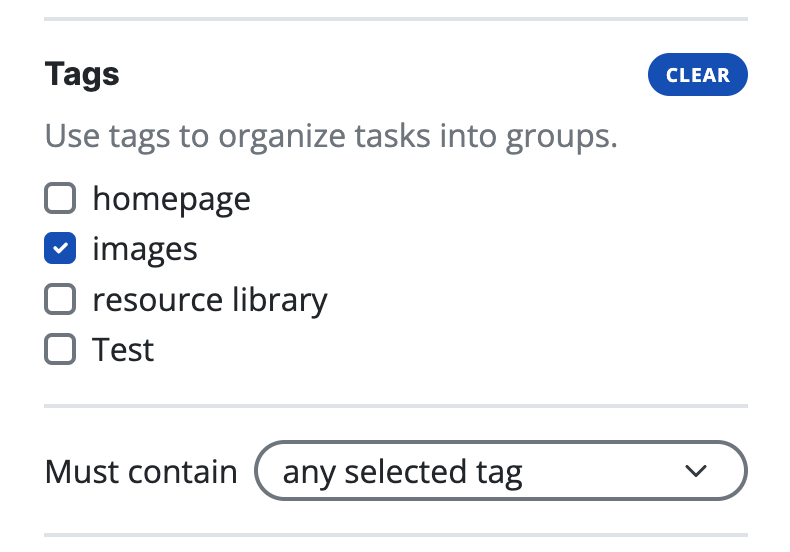 A filter bar to data in a table. There is an active filter for "Tags" filtering by items tagged with "images".