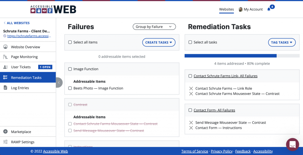 A screenshot of a workbook in RAMP, showing 1 column of failures, and another of remediations tasks created from failures.