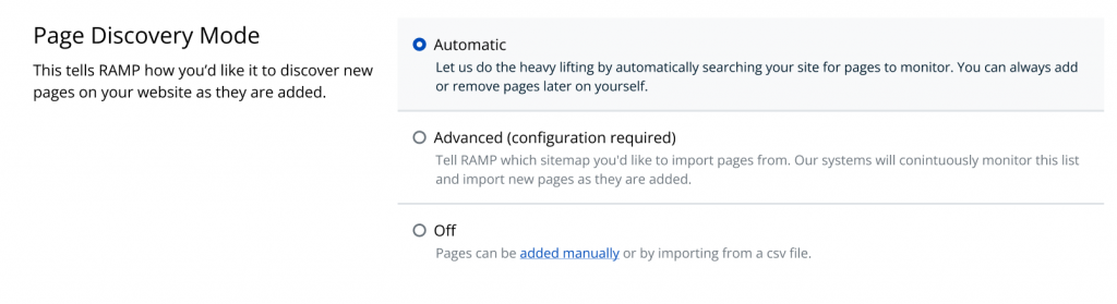 A screenshot of RAMP settings showing 3 page discovery mode options: automatic, advanced, and off.