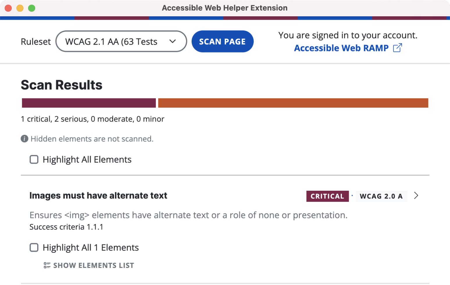 a screenshot of accessible web helper extension showing the latest scan results.