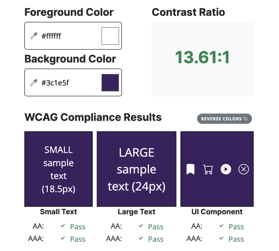 A screenshot of the color contrast checker displaying a contrast ratio, and wcag compliance results.