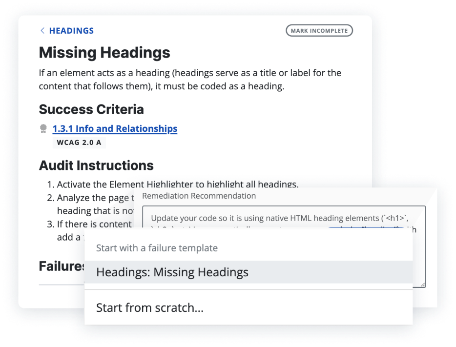 Screenshots from the missing headings audit step with detailed instructions and templates.