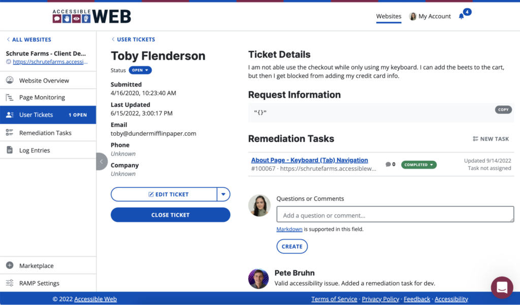A page showing an open user ticket. It includes: the user's contact information, ticket details, request information, remediation tasks attached, and the date it was submitted.