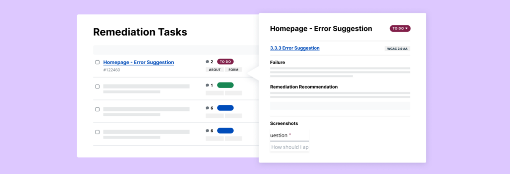 A website's remediation task showing a success criteria, failure, recommendation, and screenshot.