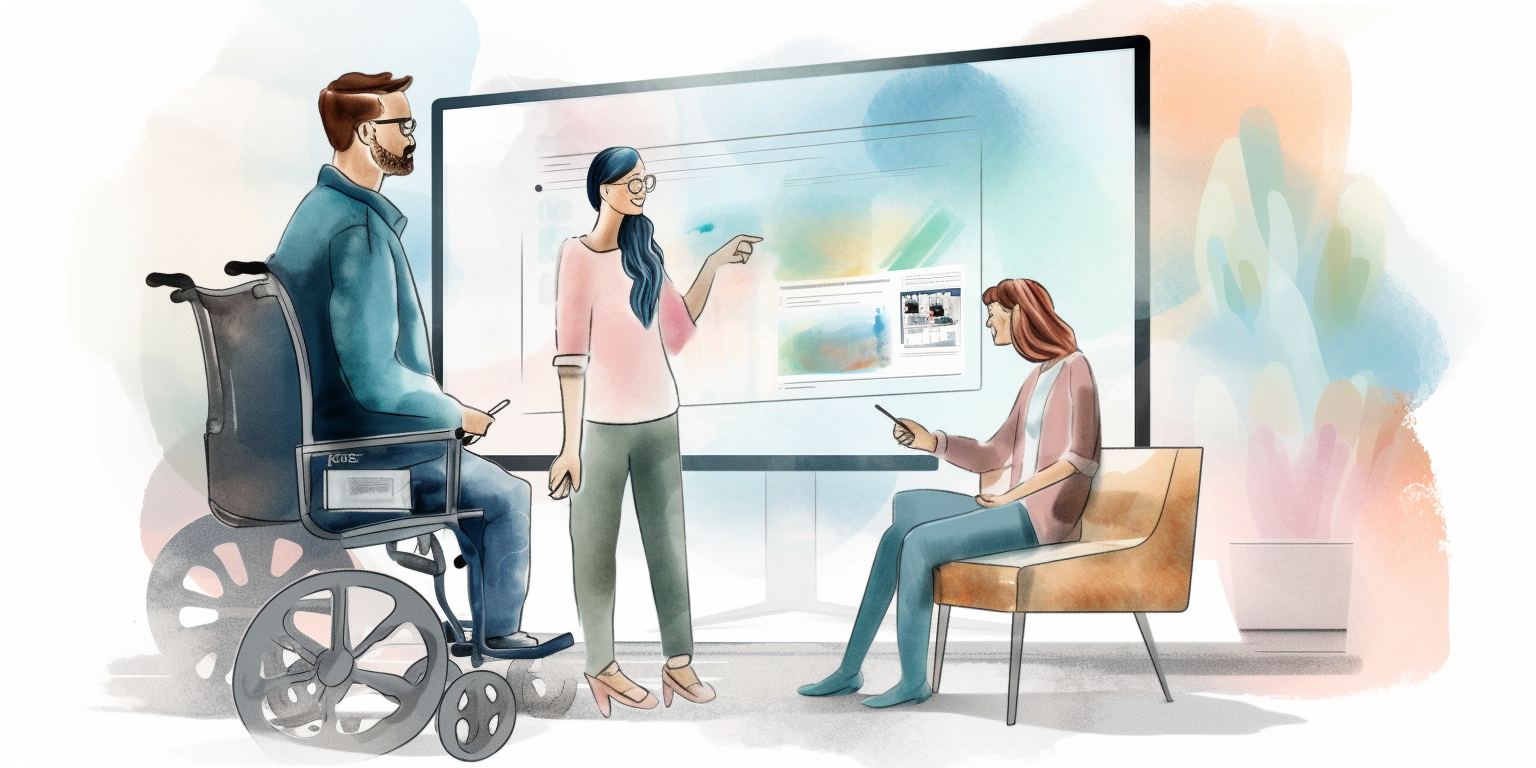 Three people surrounding a whiteboard in a light watercolor style.