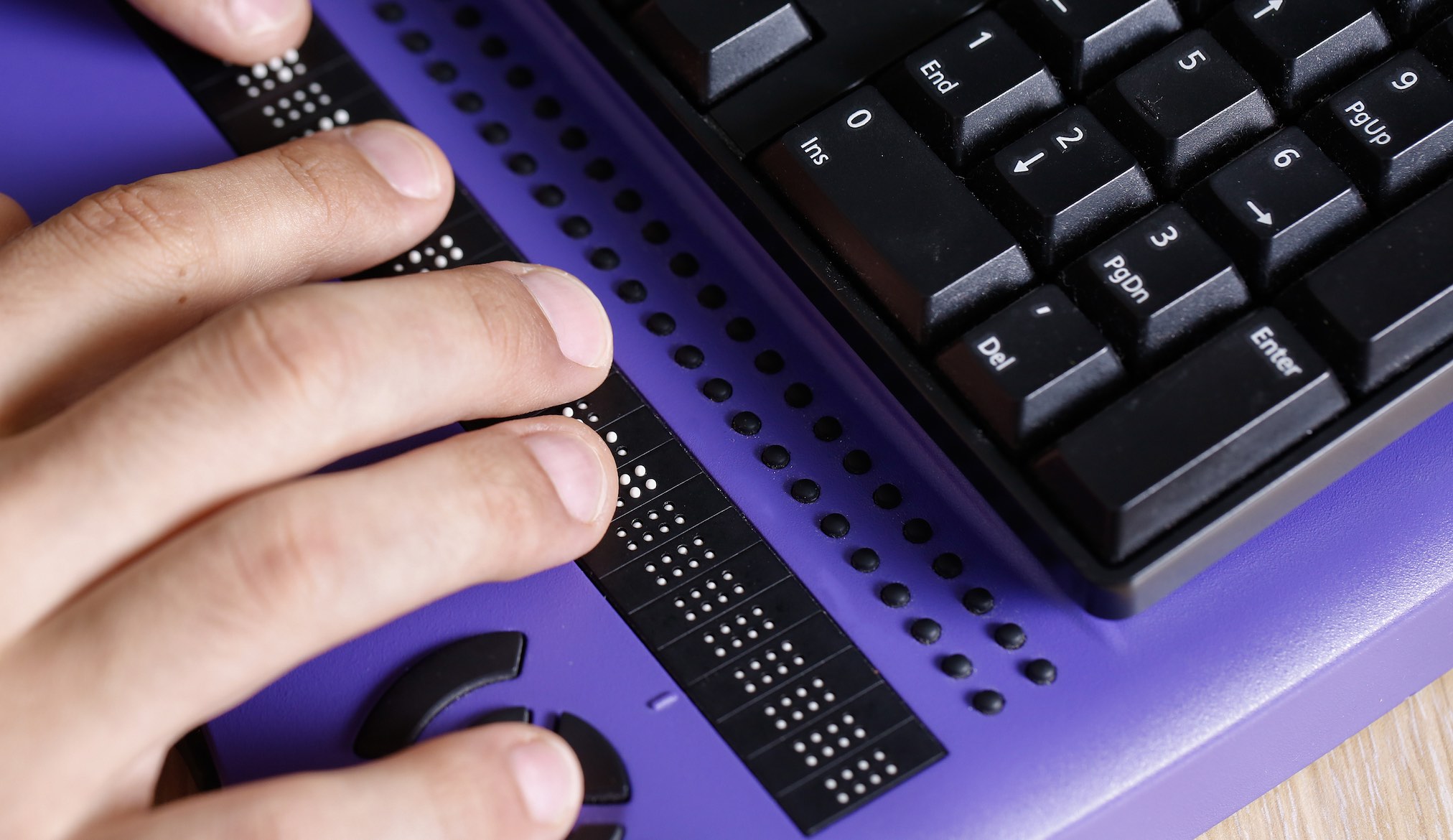 Person using computer with braille computer display and a computer keyboard.