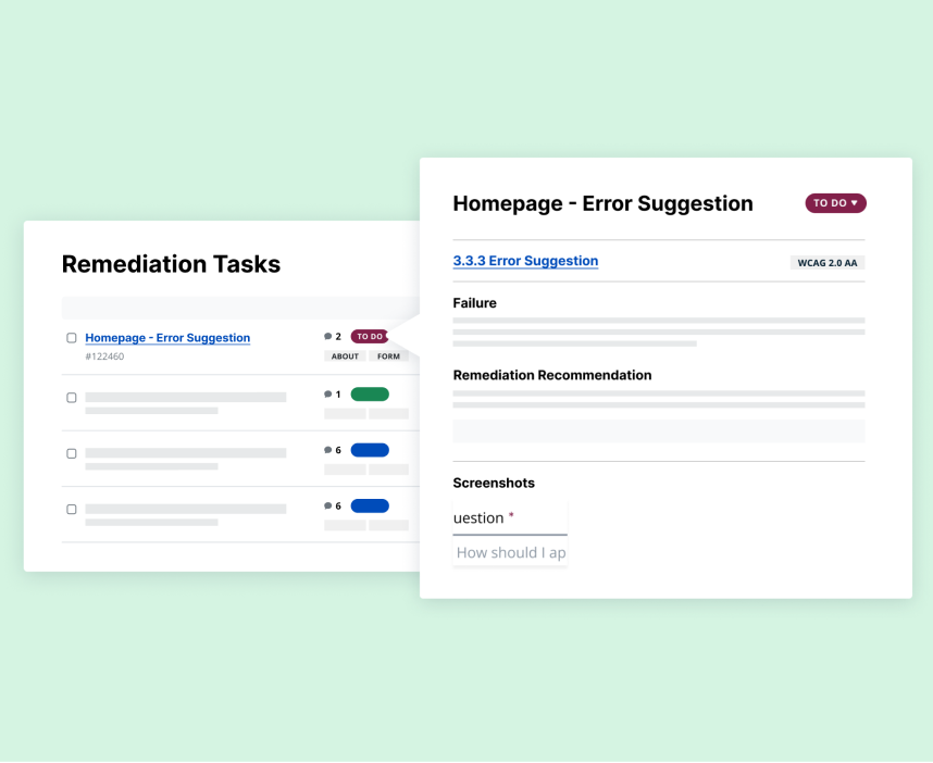 A remediation task showing the relevant success criteria, failure description, remediation recommendation, and screenshots.