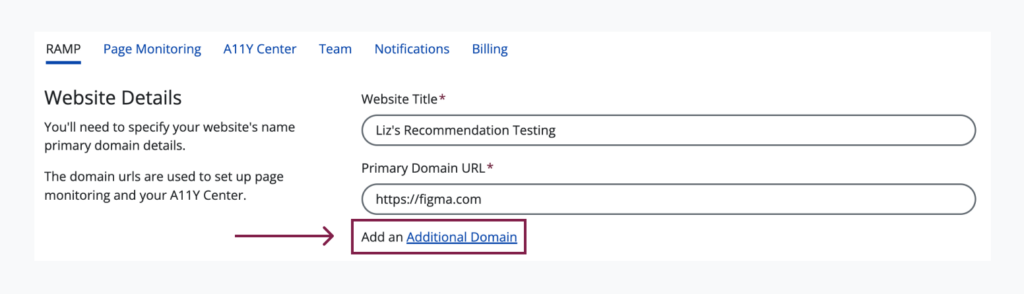 A screenshot of RAMP's RAMP Settings Tab with the "Add an Additional Domain" link outlined in red.