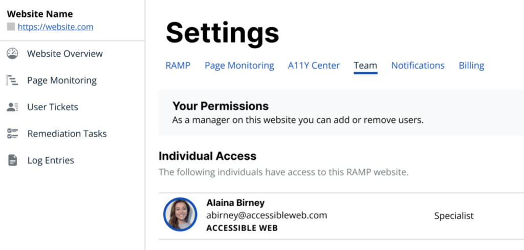 A screenshot of RAMP's settings page on the Team tab.