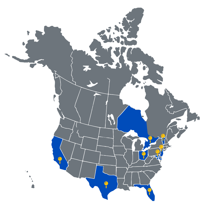 Map of the United States of America and Canada with yellow pins located in blue colored States/Canadian Provinces where Accessible web employees work (Vermont, New Jersey, Ontario, Texas, California, Maryland, Florida, and Ohio.)