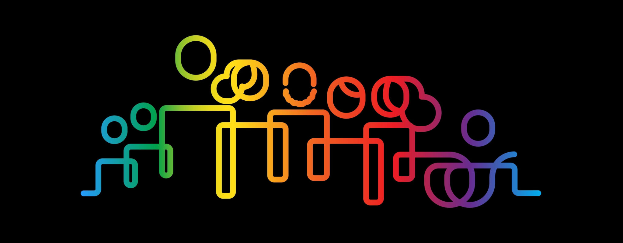 DEI graphic with a continuous line on a black background that changes colors and creates a rainbow design with different people shapes to represent diversity