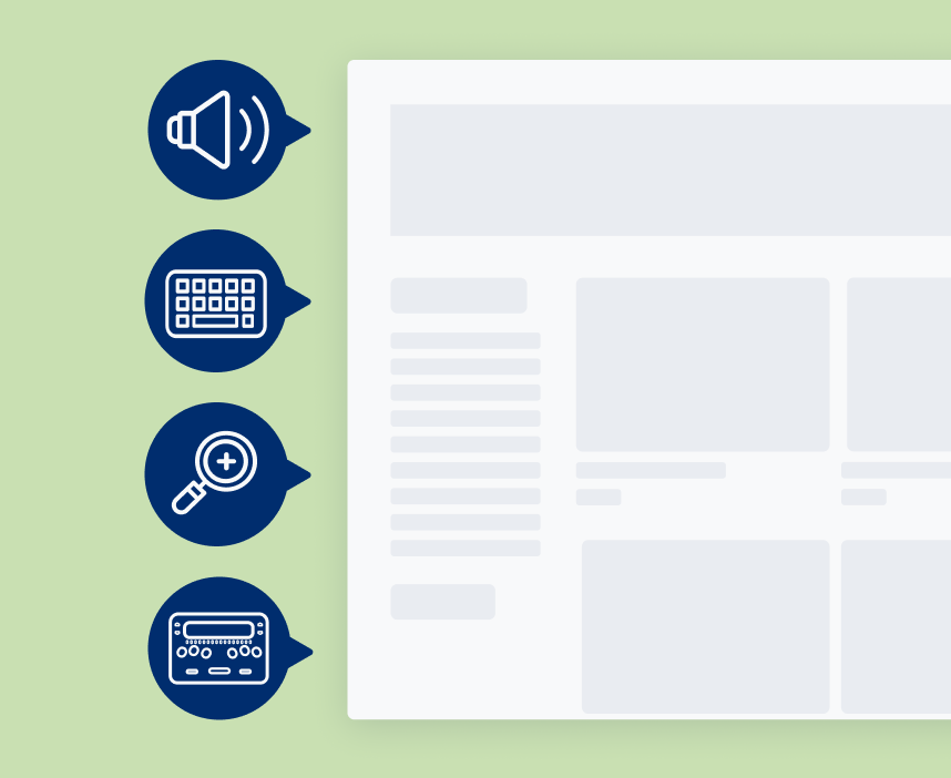 A website alongside 4 assistive technology icons: a screen reader, an alternative keyboard, zoom text, and a refreshable braille display.