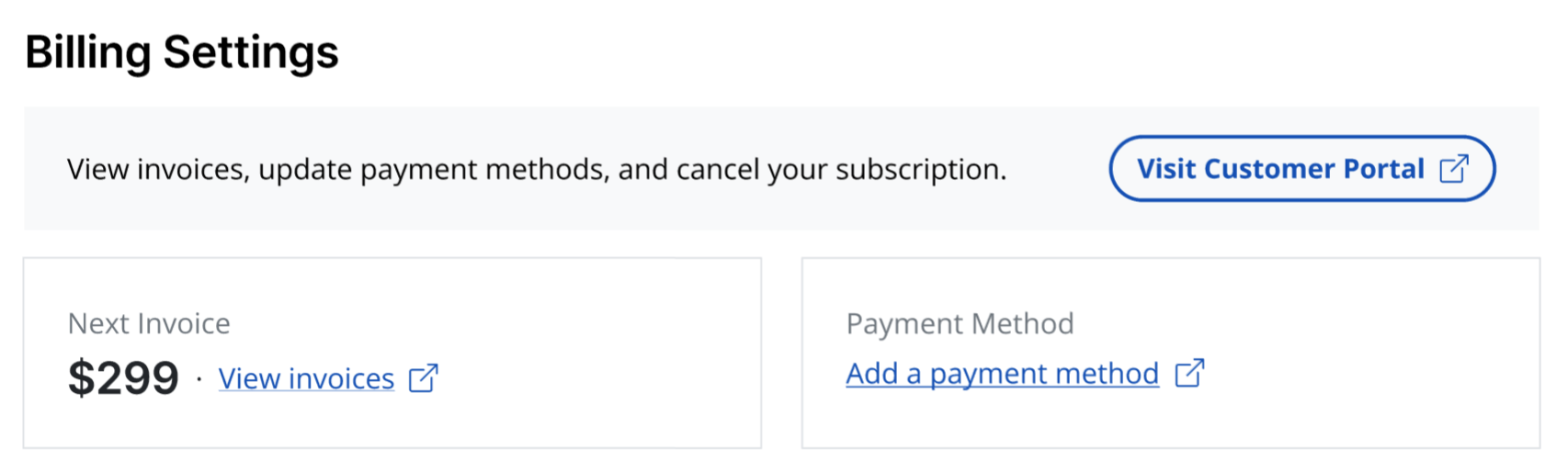 The Billing Settings section of an Organization. There is a button to visit the customer portal, the next invoice amount, and a link to add a payment method.