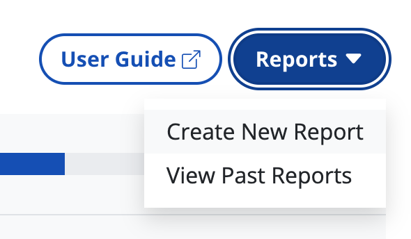 The reports button in RAMP. It displays a dropdown with two options, "create new report and view past reports.