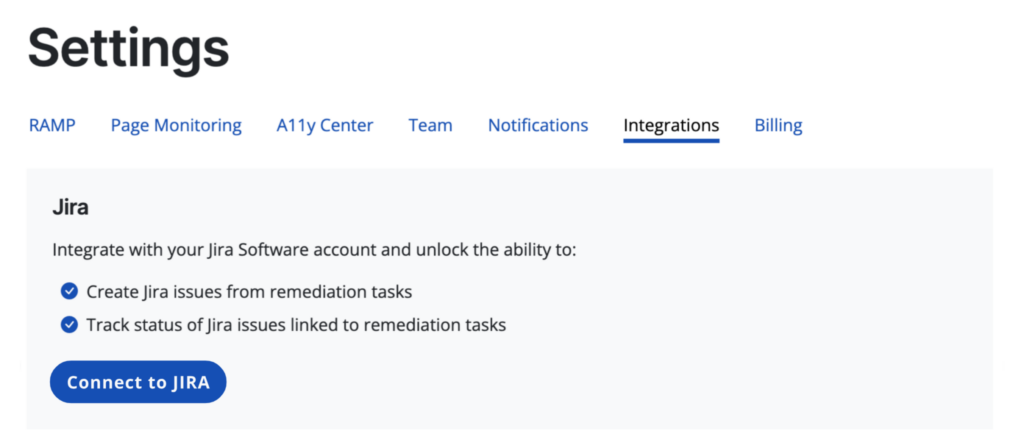 A website's settings in RAMP. The integrations tab is selected and the Jira integration is the first to display.