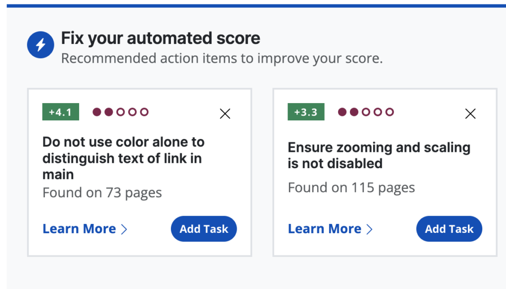 2 recommendations from the overview tab. Each recommendation has a learn more link and an add task button at the bottom.