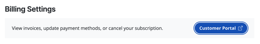 The billing settings section of an organization's settings. The Customer Portal button is in focus.