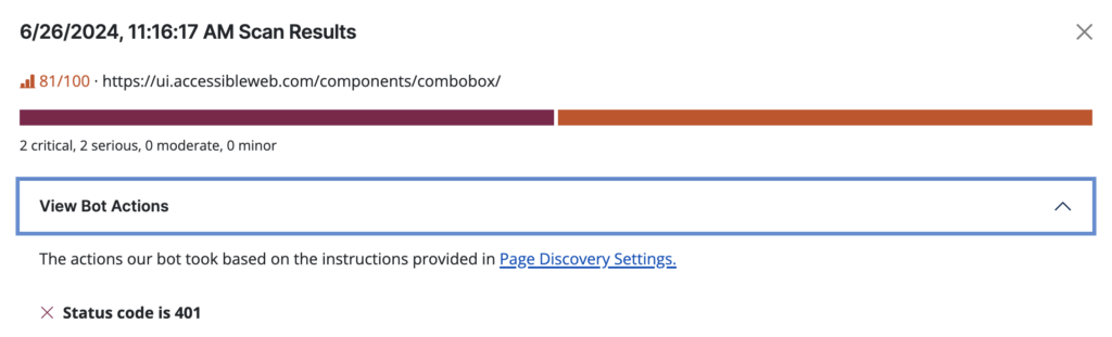 A page's past scan results with an expanded bot actions view.