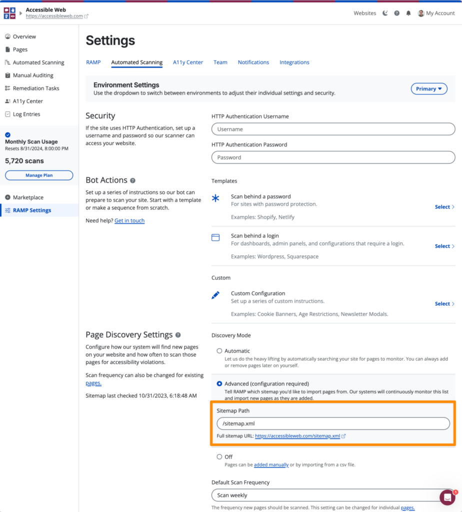 The form field labeled "sitemap path" is highlighted with an orange rectangle. The form is part of the "Page Discovery Settings" section of the automated scanning settings.