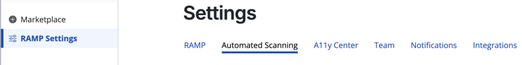 The bottom of RAMP's sidebar. The RAMP Settings tab is selected. To the right, there's a website's settings tab in RAMP Settings. The Automated Scanning tab is selected.