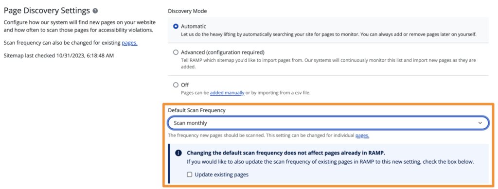 An orange box highlights the "default scan frequency" options in RAMP's page discovery settings under the "Automated Scanning" section.