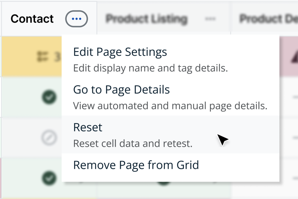 A page with its actions dropdown menu open. The "reset" option is selected.