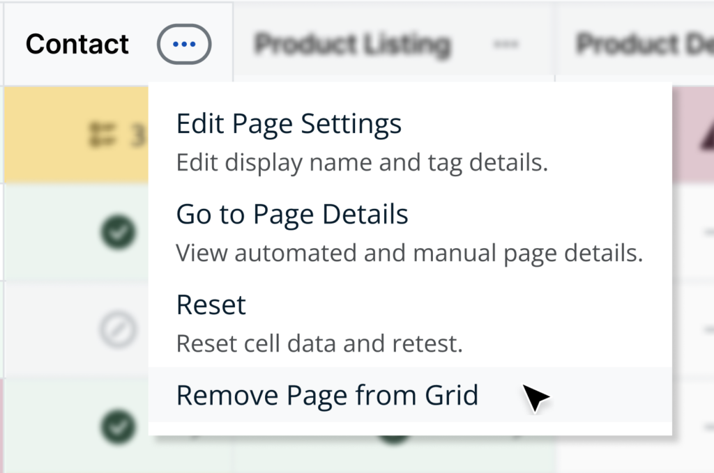 A page with its actions dropdown menu open. The "remove page from grid" option is selected.