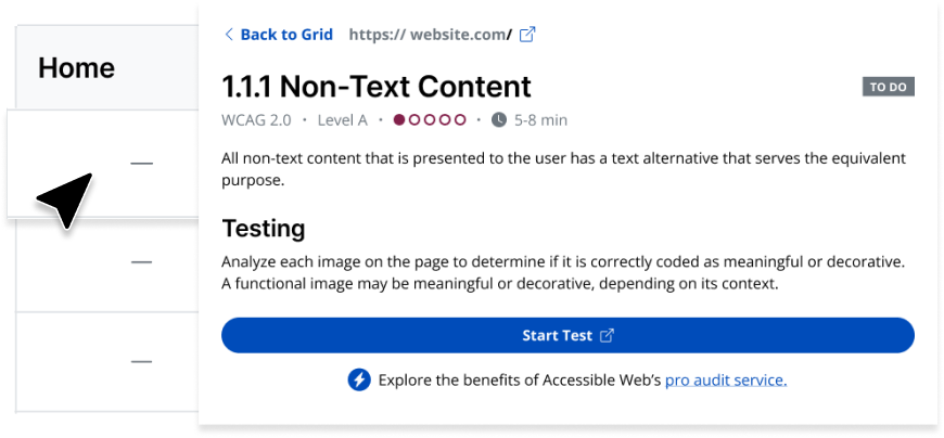 1.1.1 Non Text Content testing preview displaying a short description, difficulty level, and time estimate.