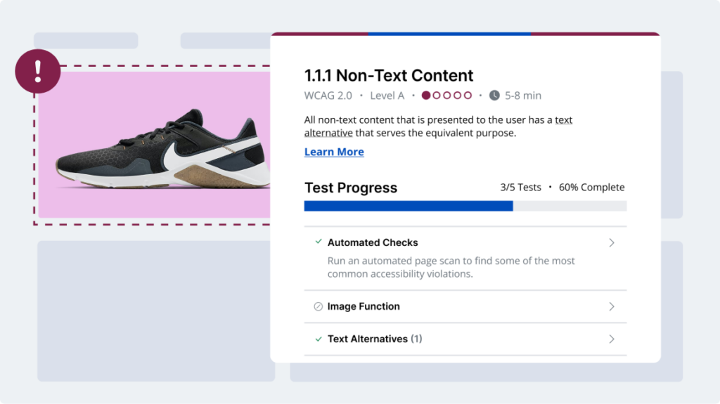 The 1.1.1 Non-Text Content testing screen on top of a website. The test is 60% complete and an affected element is highlighted on the page.