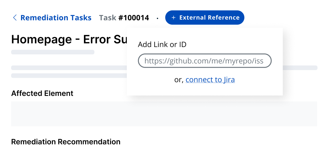 A remediation task with an external reference button activated. There is a form input for an external link.