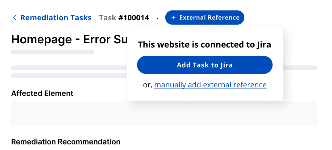 A remediation task with the "add external reference" button activated. There is an "add task to jira" button.