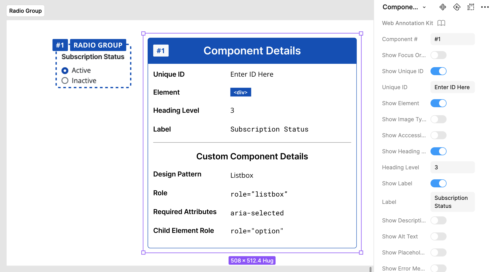 Figma annotation kit in use for some radio buttons.