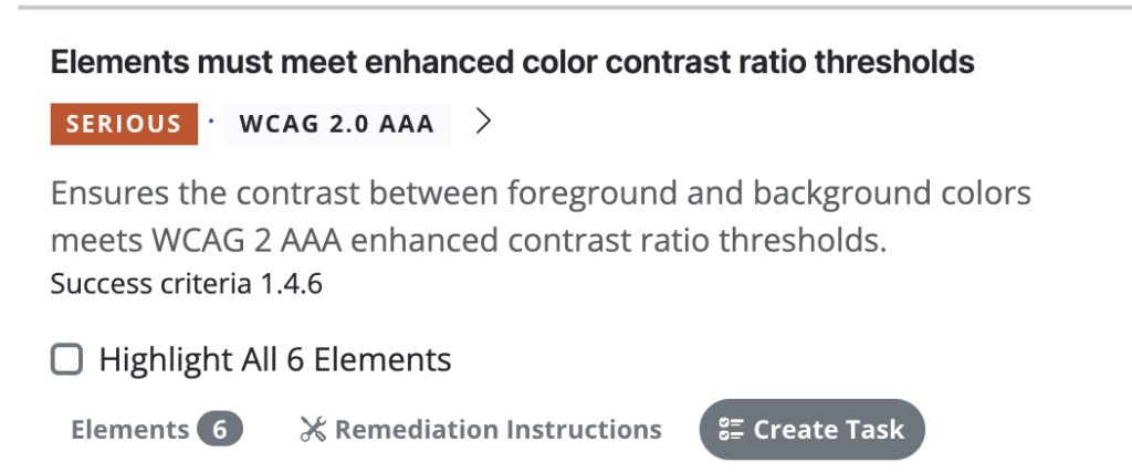 A violation found by the chrome extension. There are 3 actions, view affected elements, remediation instructions, and create task.