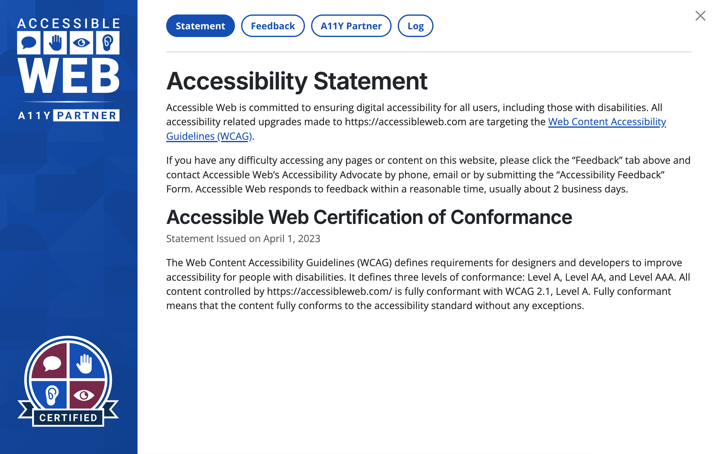 Accessible Web's embedded accessibility policy, log, and issue reporting form.